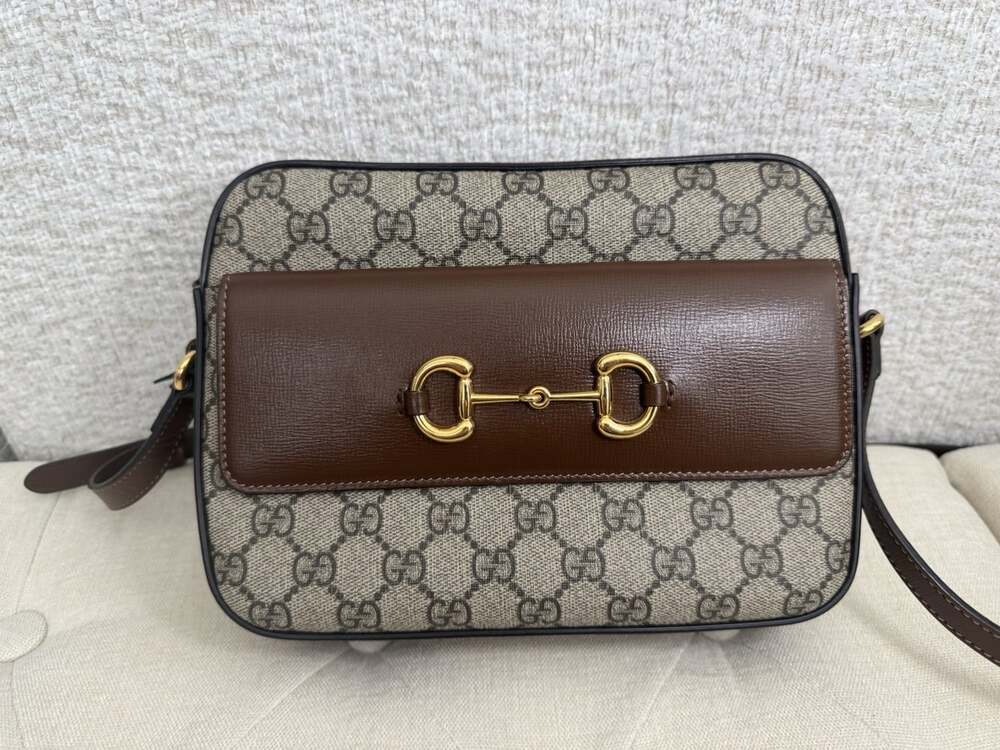 Gucci GG Monogram Crossbody Bag Zip Beige Brown Gold HW Small w/ Dust Bag